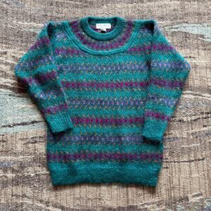 Vintage 90's Studio Michelle Stuart Teal Purple Mohair Wool Crewneck Sweater M